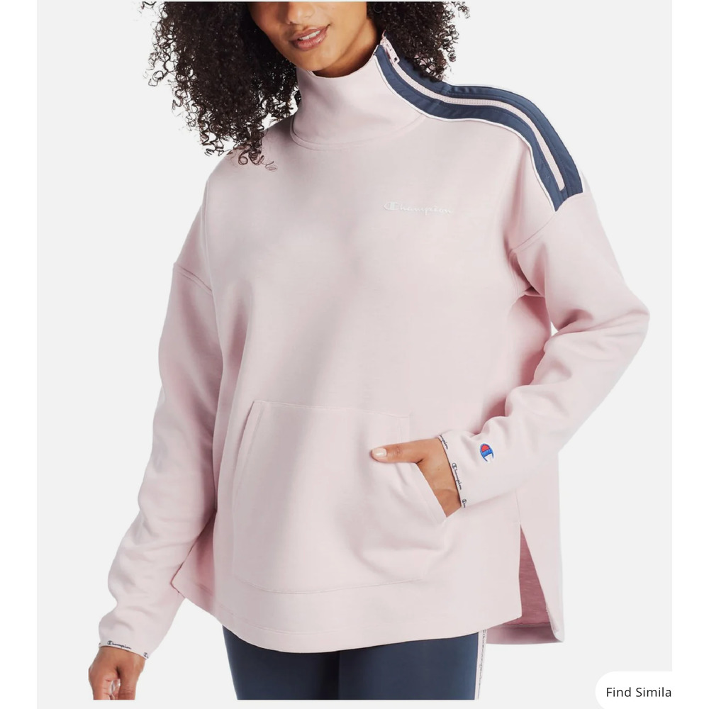 Champion Pink High-Neck Side-Slit Sweatshirt with Navy Shoulder Stripes